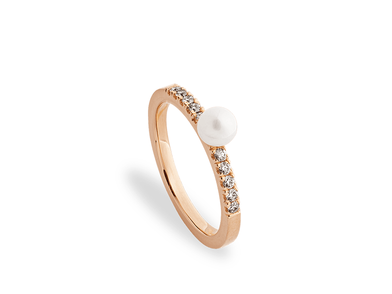 Rankų darbo auksinis žiedas su perlu ir briliantais